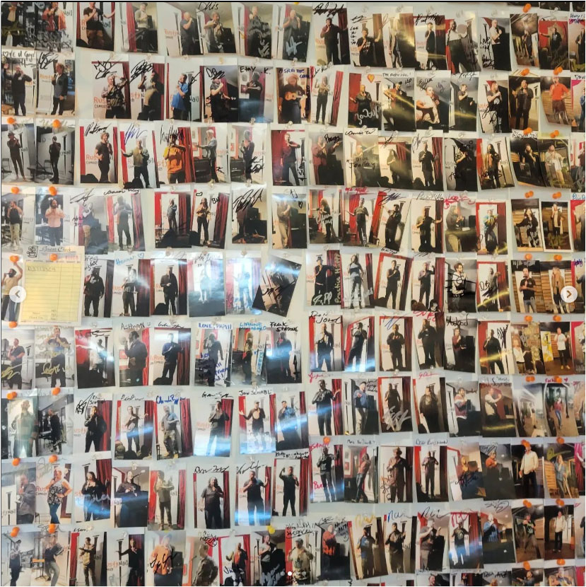 Collage of printed pictures of performers with their signatures